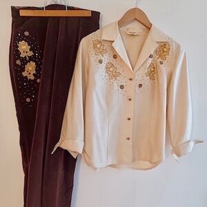 Vintage 60s Malbe Original 2 Pc Size 12 Appliqué Shirt and Slim Ankle Pant Suit